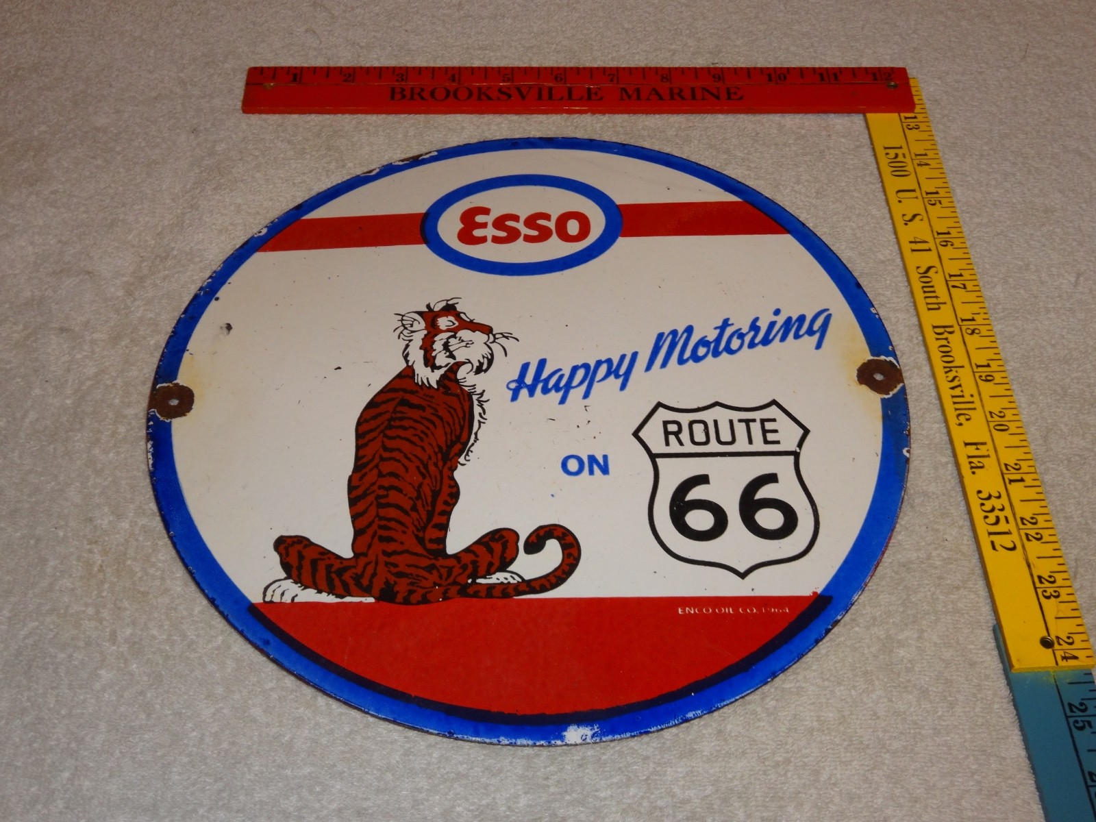 VINTAGE 1964 ESSO PUT A TIGER IN GAS TANK +ROUTE 66 11 3/4" PORCELAIN METAL SIGN