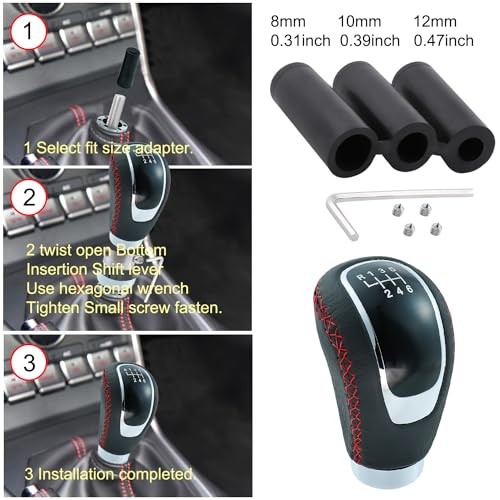 6 Speed Shift Knob Manual Shifter Knobs Handle Leather Gear Black+Red Line