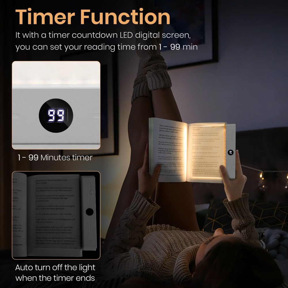 Clear LED Flat Book Reading Light 3 Color Timer Dimmable Full Page Lamp White