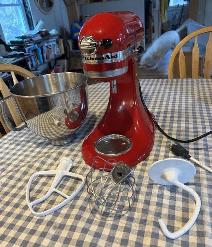 KitchenAid Artisan Red Standalone Mixer Stainless Steel Bowl Whisk Dough Hook .