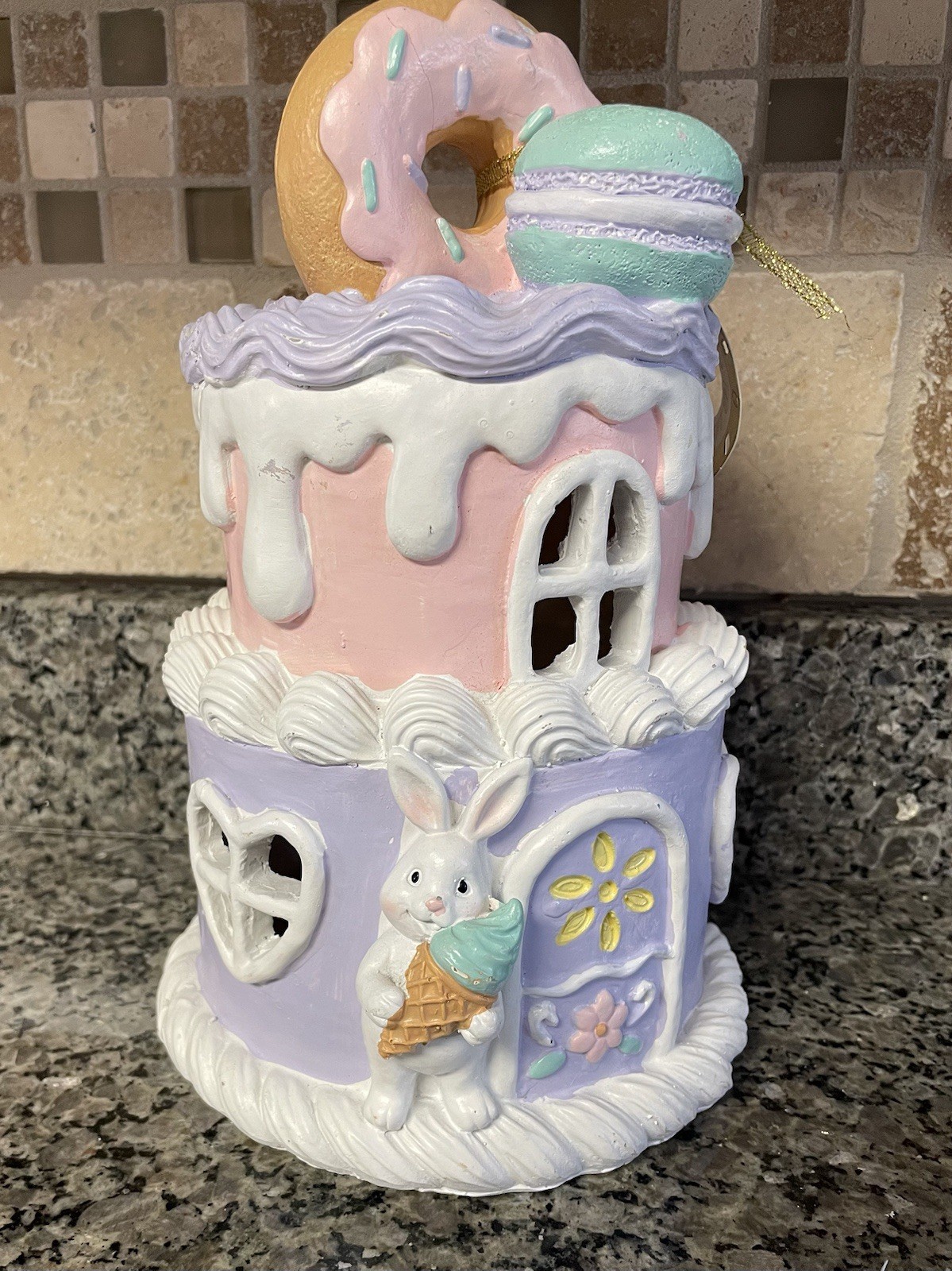 NWT Bella Lux Easter Pastel Frosted Resin Treats Donut & Macaroon Faux LED Cake