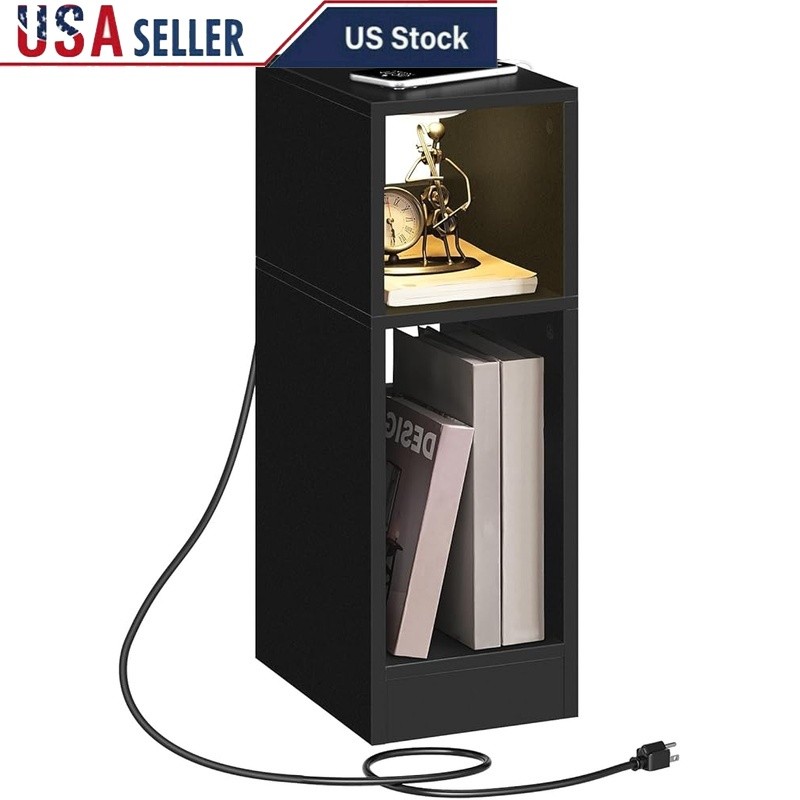 Narrow Nightstand Charging Station LED Sensor Light Modern Side Table Storage US