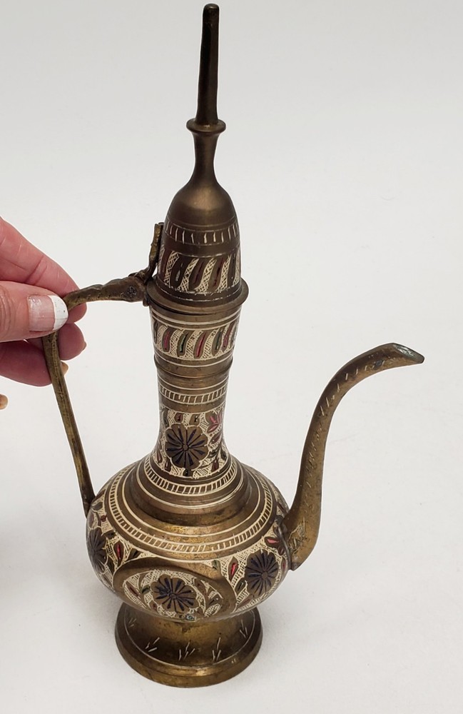Vintage 6 pc Middle Eastern Turkish style solid brass coffee or tea pitcher cups