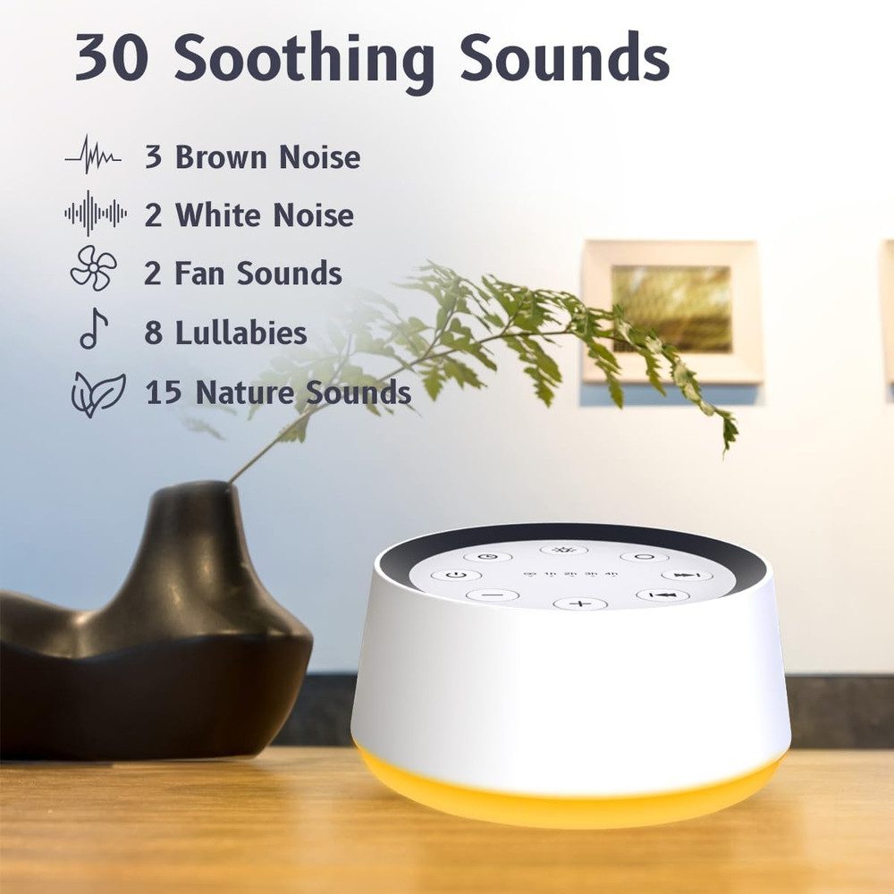 Brown Noise Sound Machine with 30 Sounds, Night Light, and Memory Function