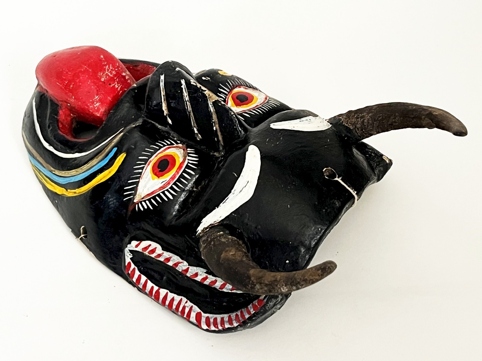 MEXICAN FOLK ART CARVED WOOD BLACK HORNED DIABLO DEVIL DEMON DANCE MASK 14 x 8"