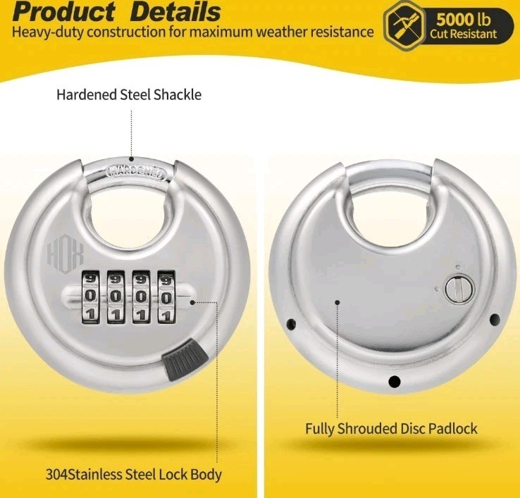 Round Combination Lock, Uncuttable Combination Disc Padlock, 3/8 Inch Shackle...