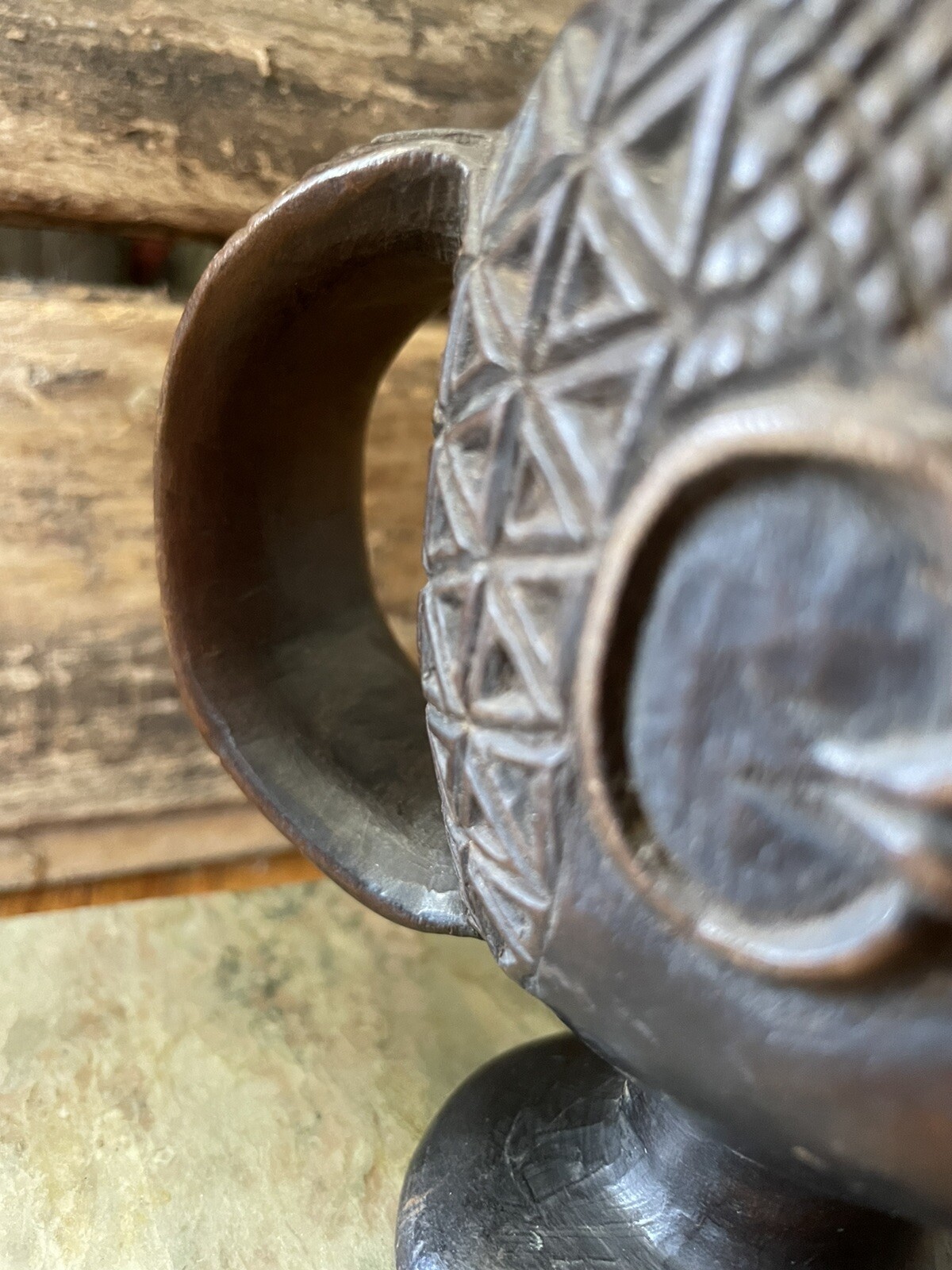 Vintage / Antique African Kuba Cup Wood Carved Palm Wine DRC Ceremonial Signed!