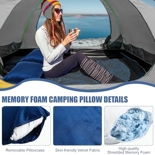 2 Pack Camping Pillow for Sleeping Shredded Memory Foam Travel Medium Blue
