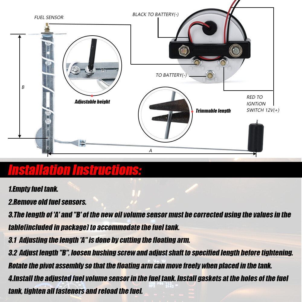 12V 2"52mm Fuel Level Gauge Meter W/Unit Fuel Level Sensor E-1/2-F Pointer