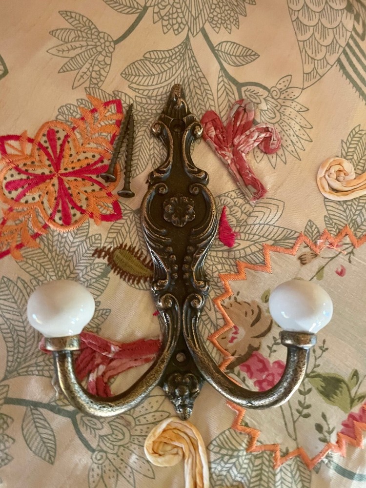 Old Bath Robe Coat Hook Hall Mirror Fancy Decorated Solid Brass Porcelain Knobs