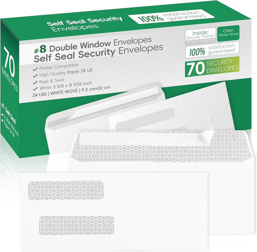 #8 Double Window Security Check Envelopes,70 Count Double Window Self Seal Secur