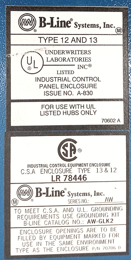 B-LINE LR78446 TYPE 12 & 13 ELECTRICAL ENCLOSURE