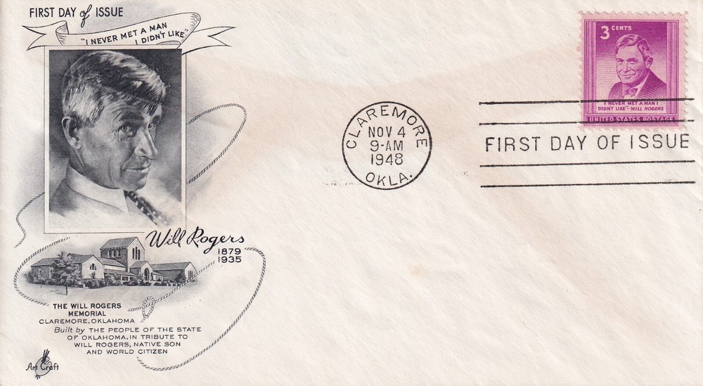 STAMP US SCOTT 975 "Will Rogers" 3 CENT 1948 FDC - A
