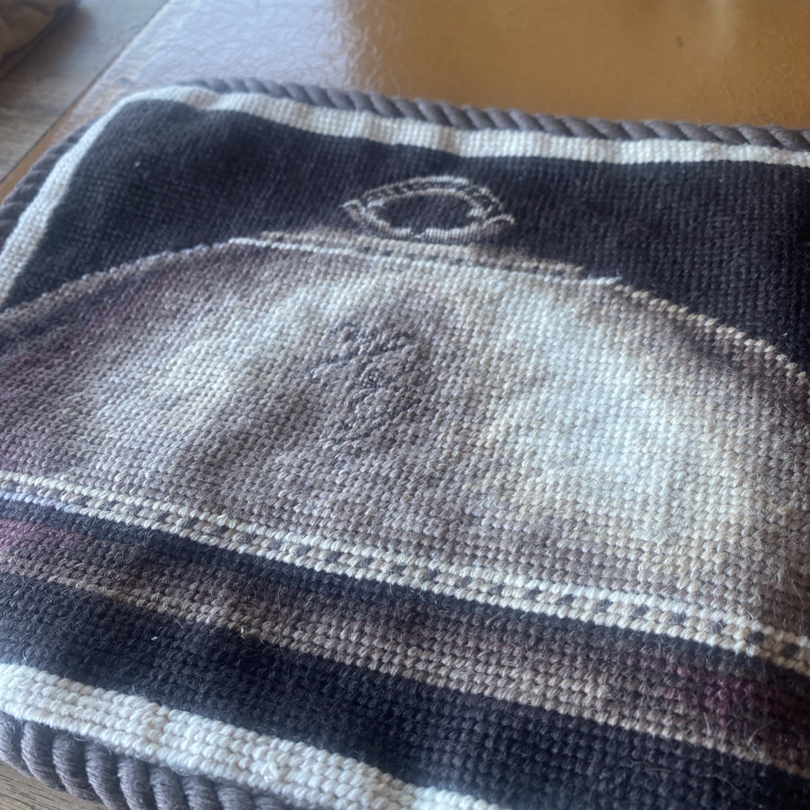 9" x 19" Handmade Black Wool Needlepoint Hotel de Grand Paris Lumbar Pillow Nos