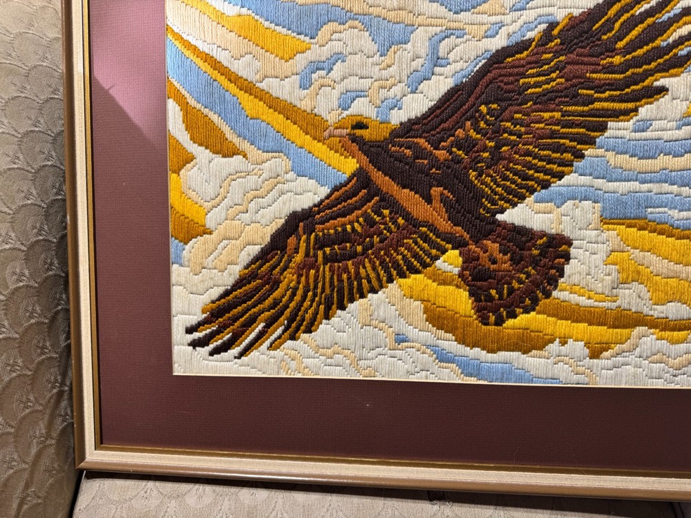 Large Vintage Needlepoint "An Eagle In Flight" - Framed
