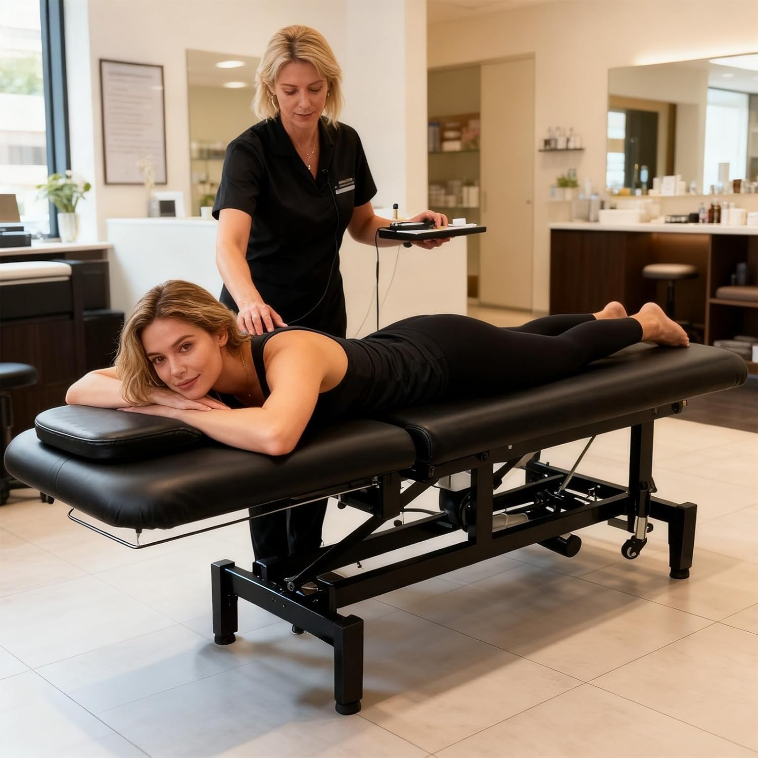 Professional Electric Lift Massage Table w/ Adjustable Backrest, Lockable Caster