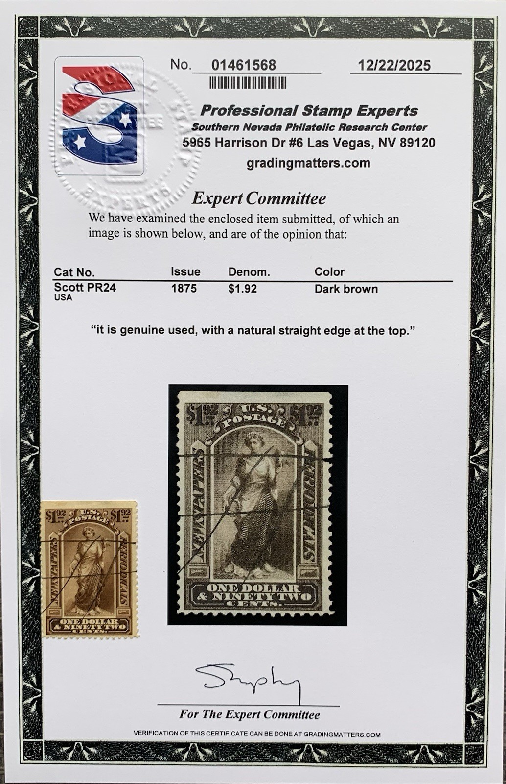 1875 US Stamp PR24 w/PSE Cert. Used w/Top Straight Edge and Nice Centering