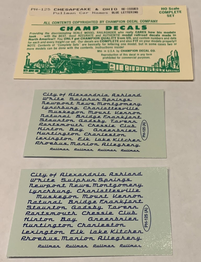 CHAMP HO DECAL-CHESAPEAKE & OHIO/C&O PULLMAN CAR NAMES-BLUE SCRIPT LETT  #PH-125