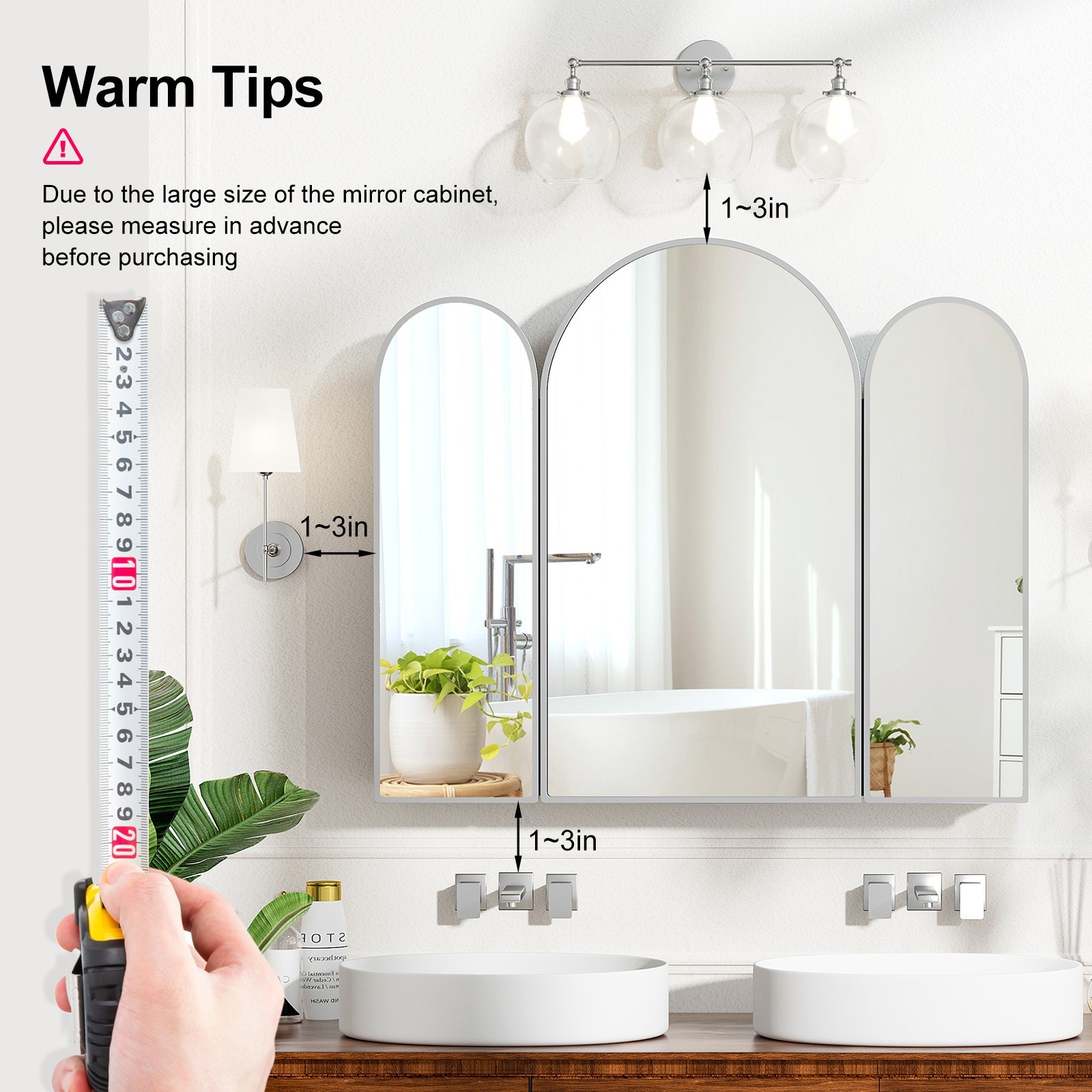 Triple Arch Medicine Cabinet 3 Doors Bathroom Mirror Cabinet with Trifold Mirror