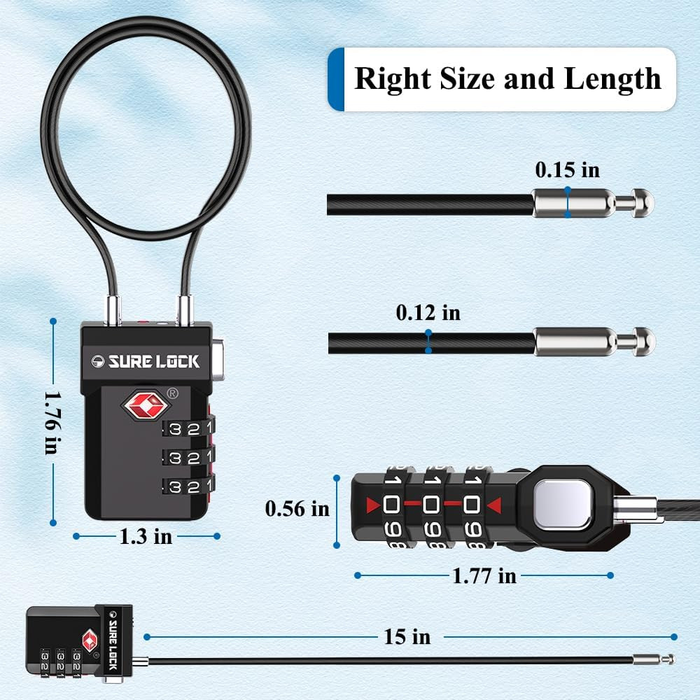 TSA Approved Luggage Locks – 3-Digit Combination Cable Lock with Red Indicator,