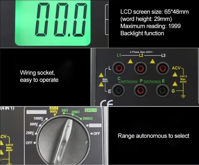 Ground Earth Resistance Tester &Digital Multimeter 20Ω/200Ω/2000Ω 600V Auto-Rang