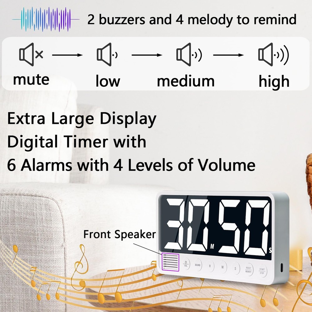 Digital Kitchen Timer - 7.1” Extra Large Display LED Magnetic Rechargeable Co...