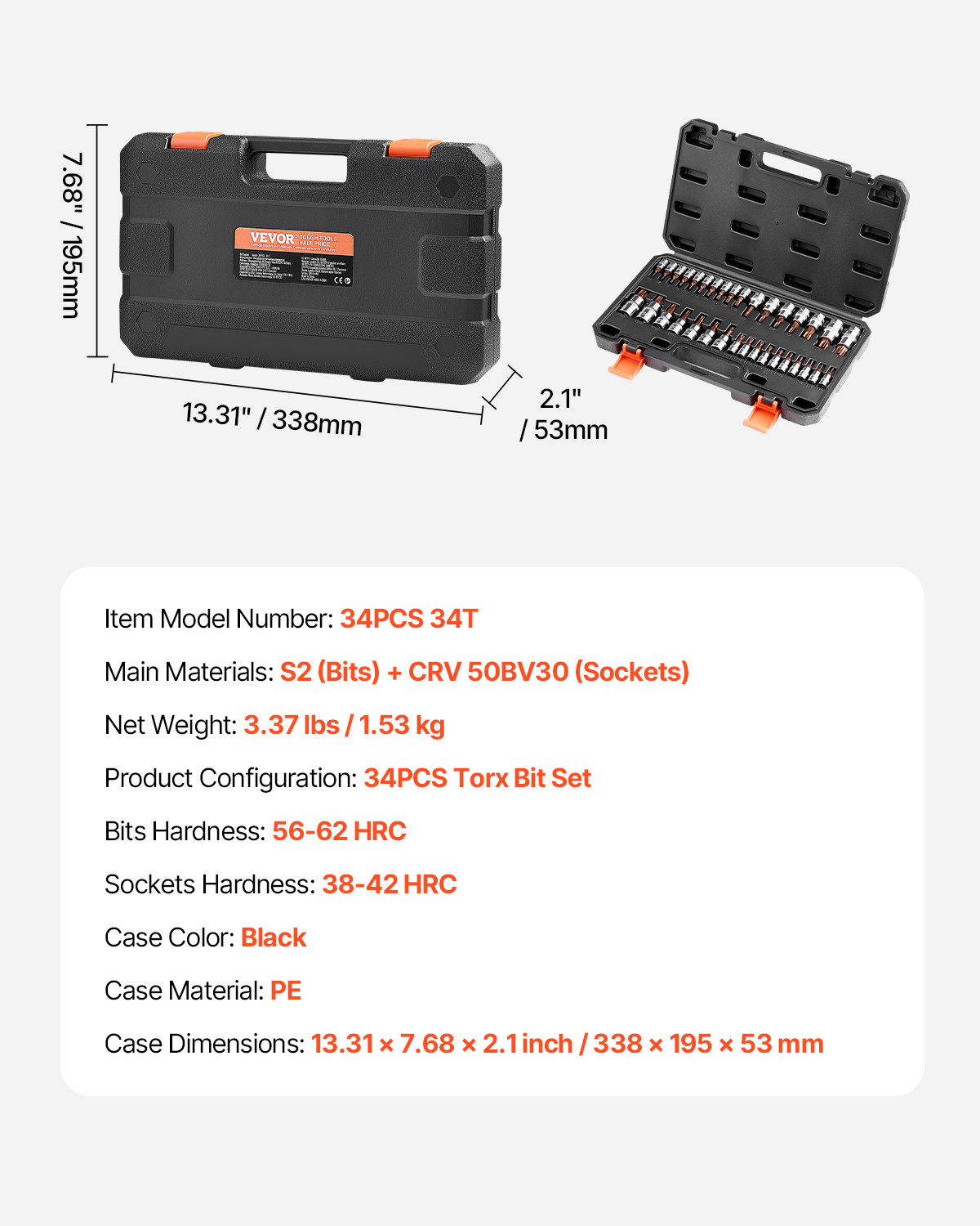 Torx Bit Socket Set 34-Piece Solid Star and Tamper Proof T6-T70 S2 Alloy Steel