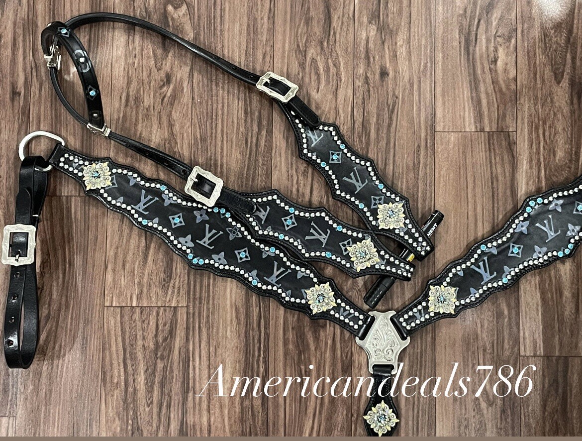 Western Black Leather Bling Tack Set With Black Reflective Leather And Studs