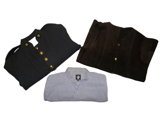 Vintage Reenactment Uniform Including Shirt, Suede Waistcoat & Grey Wool Jacket