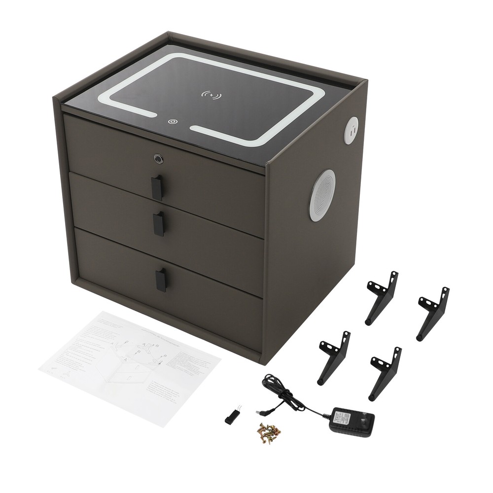 Smart Bedside Table + Three-color Light+Drawers+Usb&wireless Charging Dark Grey