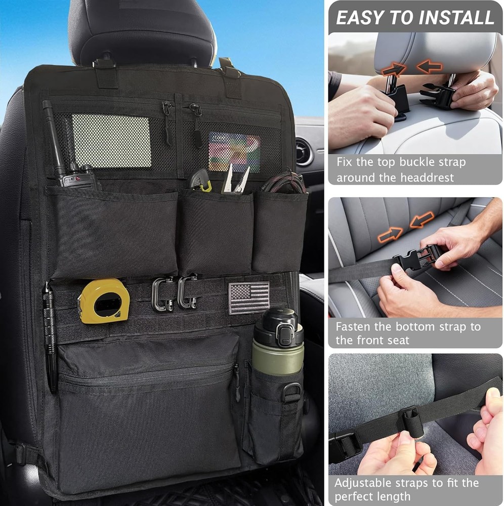Tactical Car Seat Organizer with Multiple Pockets, MOLLE Panel System & Mesh Com
