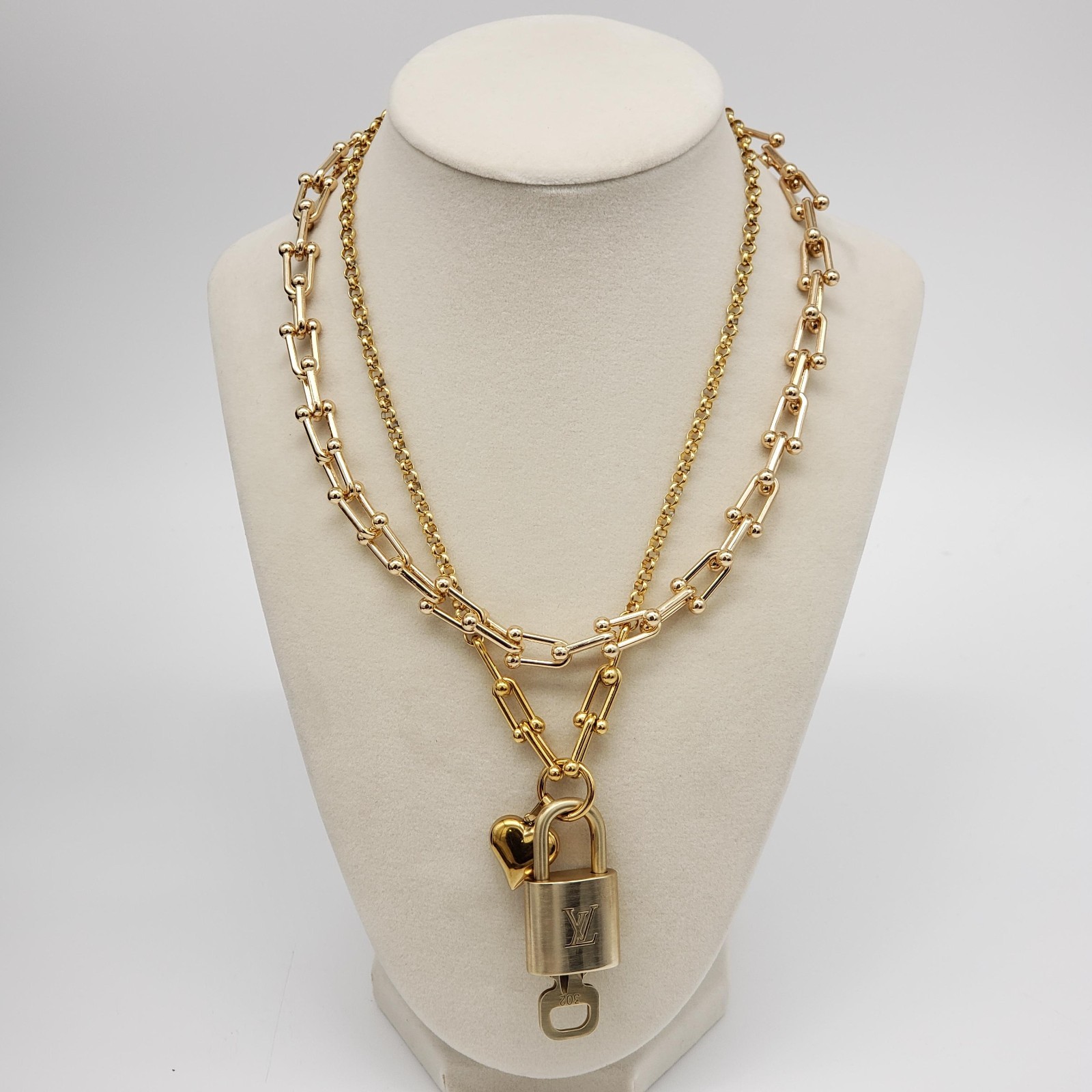 Authentic Louis Vuitton Gold Padlock w/ Unbranded Fashion Stainless Steel Chain