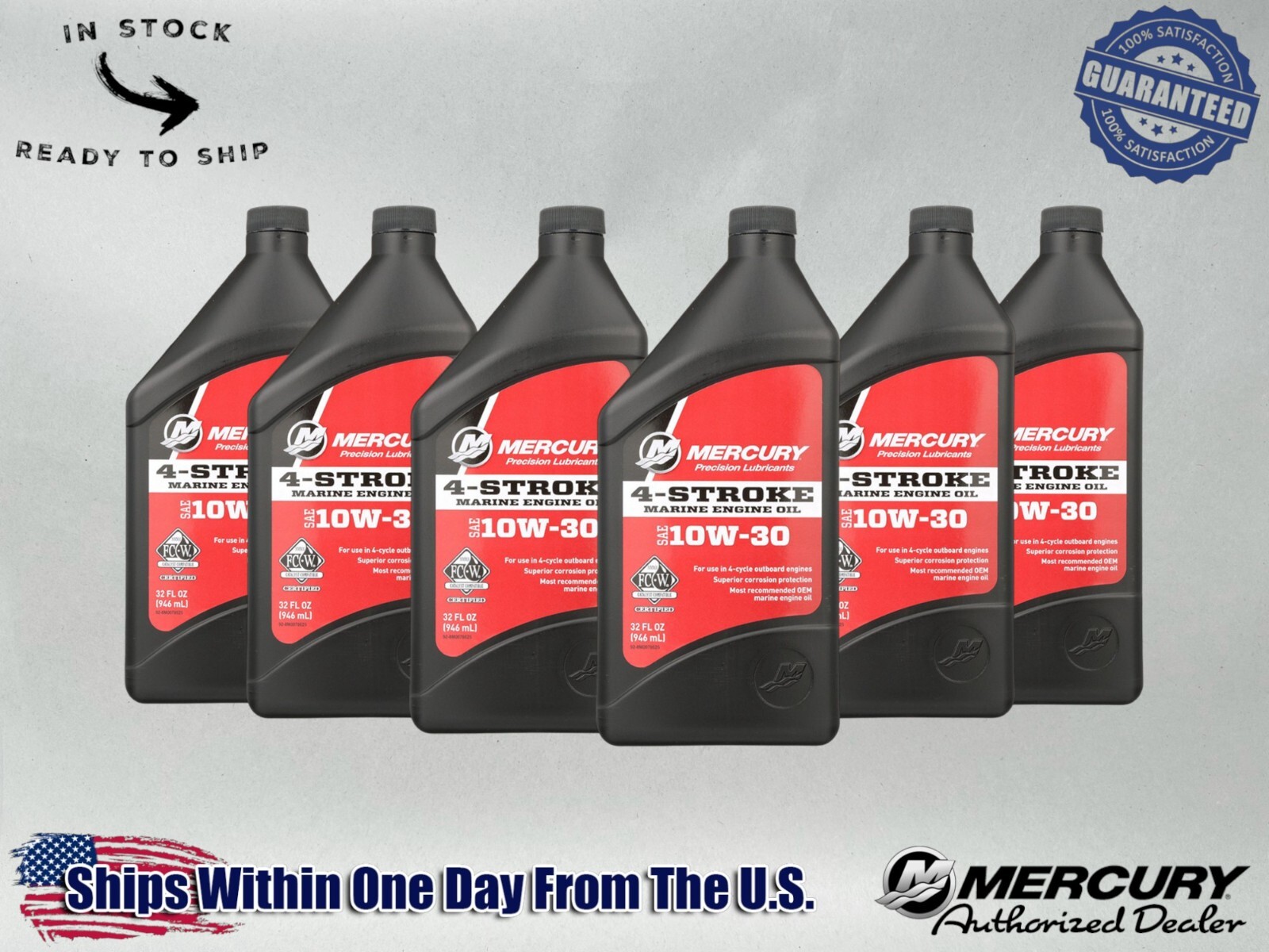 Mercury OEM SAE 10W-30 Mineral 4-Stroke Marine Engine Oil Quart 8M0078625-6PACK