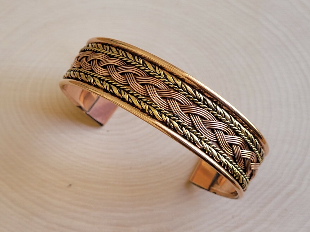 Solid Copper 2 Tone Wide Bangle Cuff - Copper Braided Cuffed Bracelet