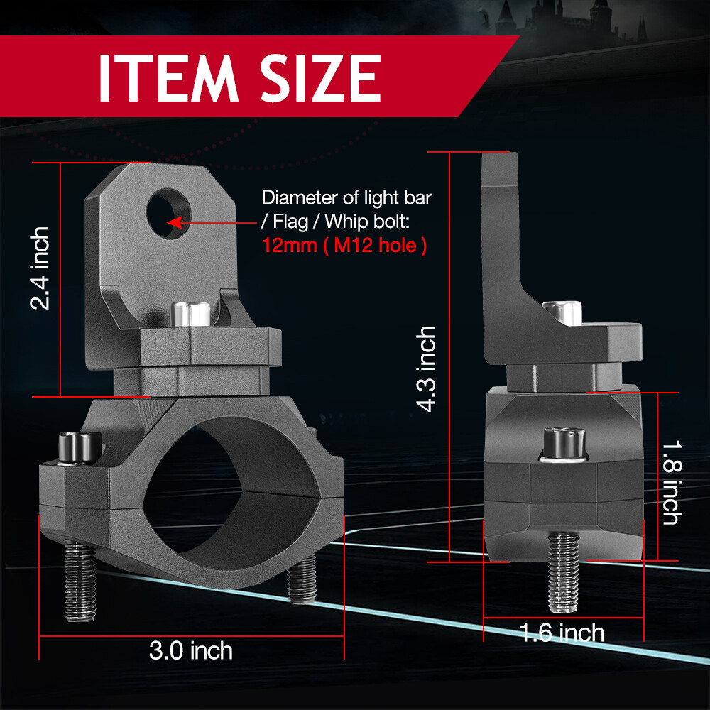 UTV Whip Light Mount Flag Bracket 360°Adjustable For 1.5"-2" Roll Bar Mounting