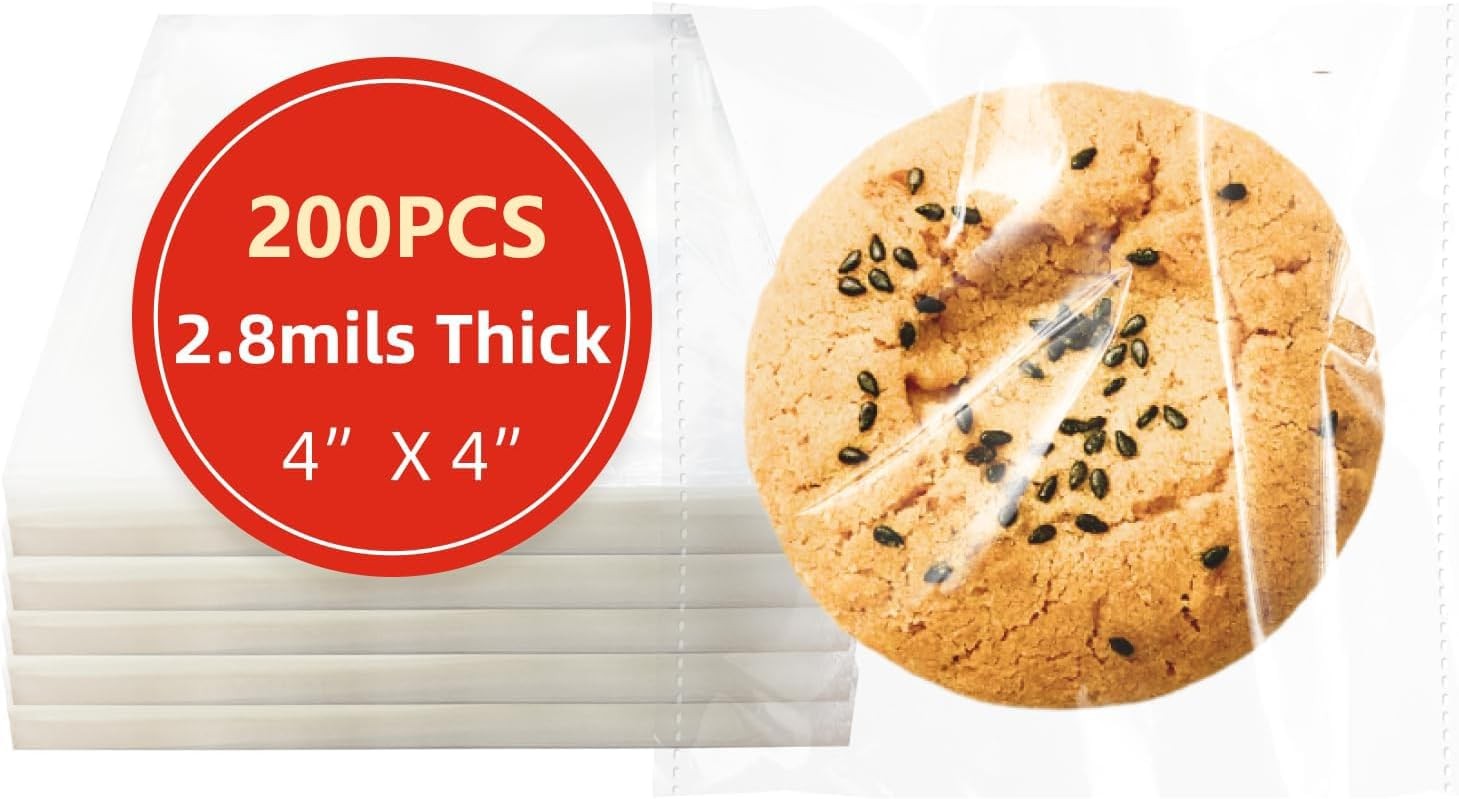 4x4 Inches 200 PCS Cookie Bags for Gift Giving,Self Sealing Cellophane Clear Res