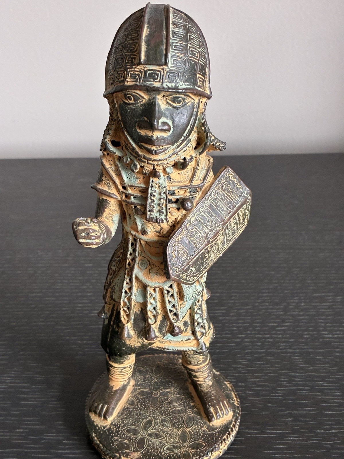 Benin Bronze Warrior Royal Art Nigeria Lost Wax Technique 9.5” Inches Tall Read