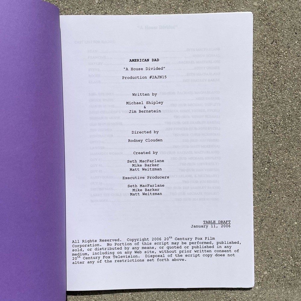 American Dad Original 2006 Production Used Table Draft Script A House Divided