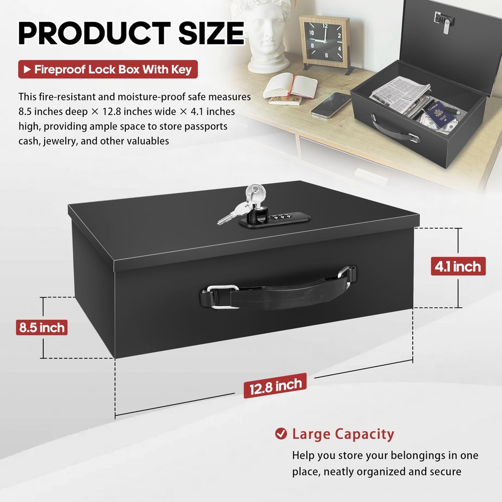 Fireproof Lock Box with Key and Combination Lock, Fire Safe Document Box, Por...
