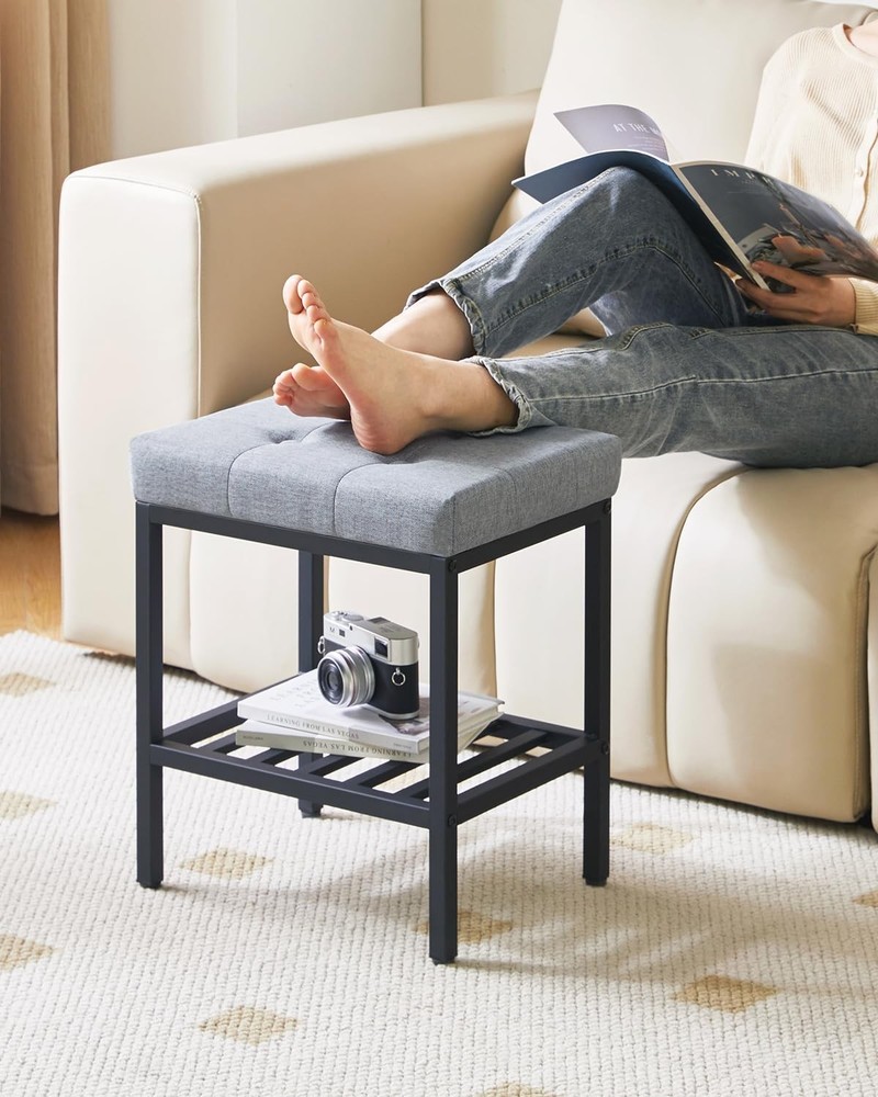 WBD017L Rectangular Makeup Stool Adjustable Storage Linen Vanity Blue Gray