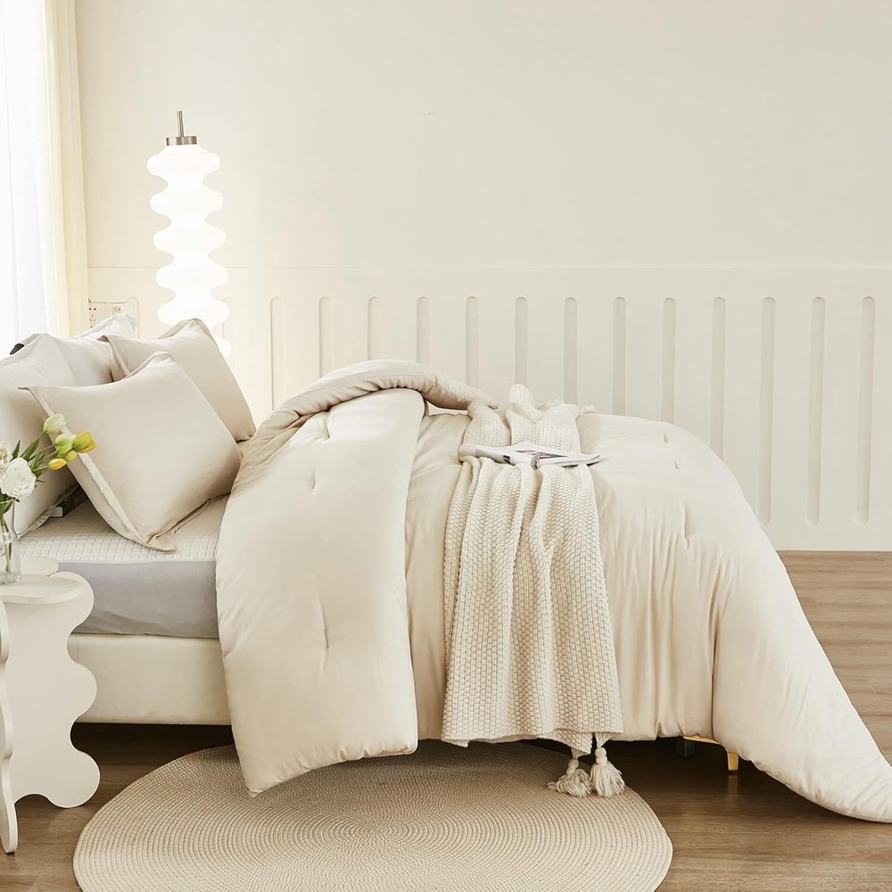 King Size Beige Comforter, 3-Piece Lightweight Bedding Comforter Set