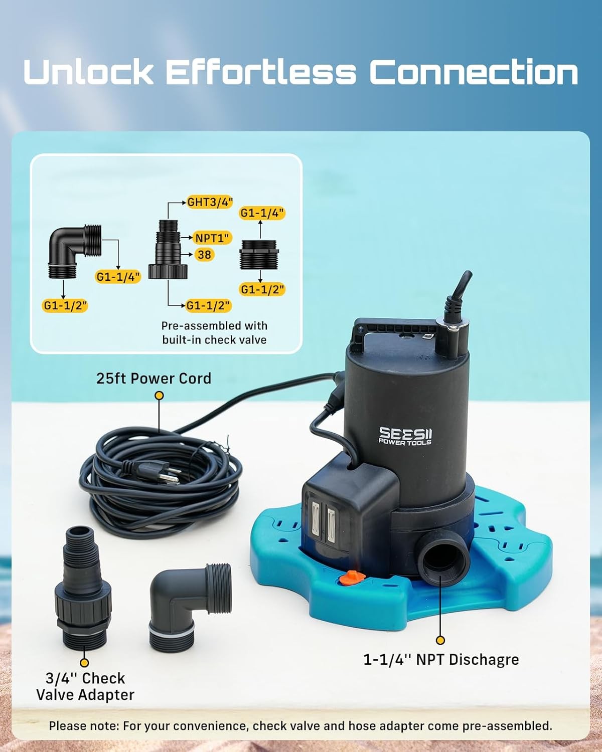 SEESII Automatic On/Off 1/3HP Pool Cover Pump 3035GPH Submersible Water Pump