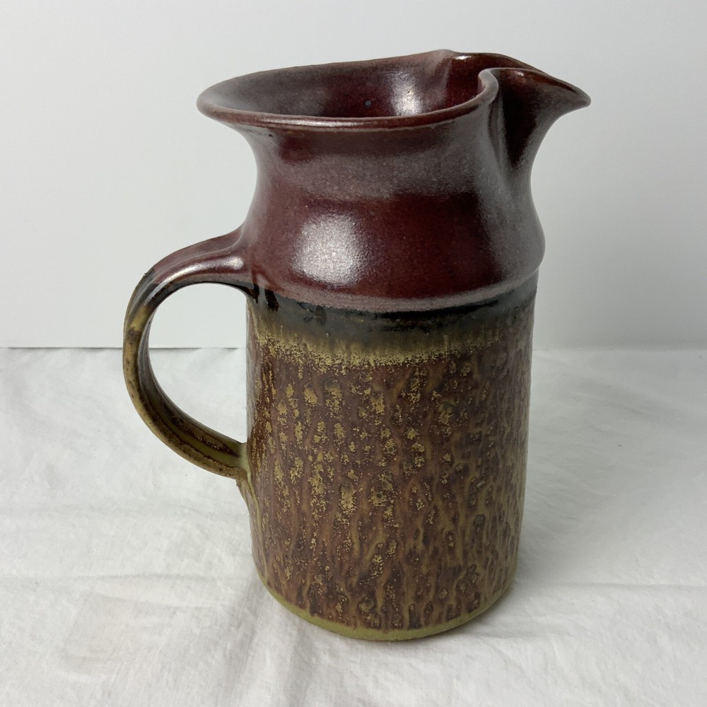 Speckled Brown Two Tone Art Pottery Pitcher Signed DA