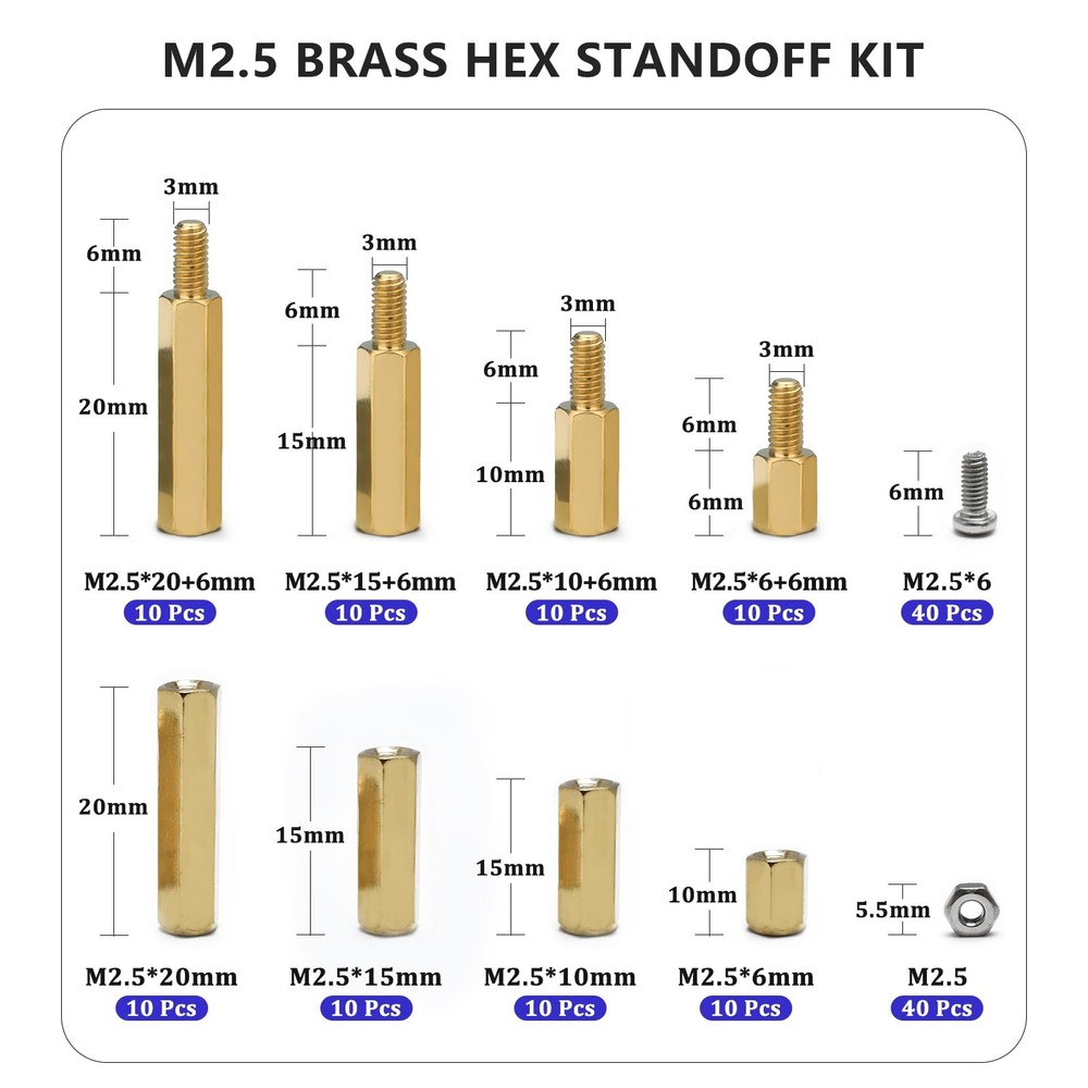 M2.5 Hex Standoff Spacers Nuts Brass Kit - 160 Pieces,