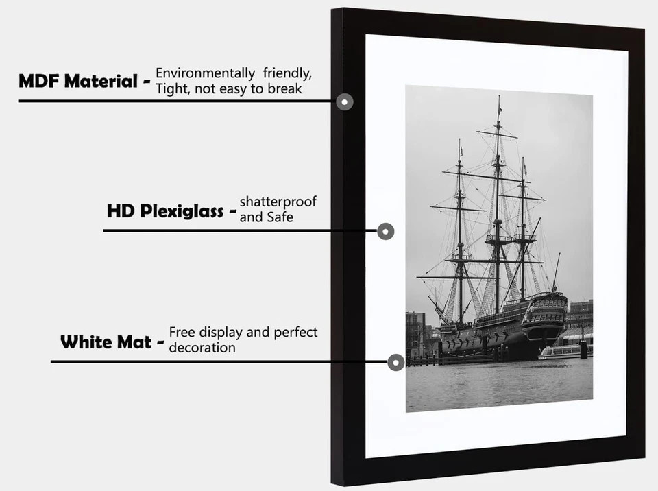 9X12 Picture Frame Black Display, Photos 9X12 Wood Picture, Frame 6X8 with Mat