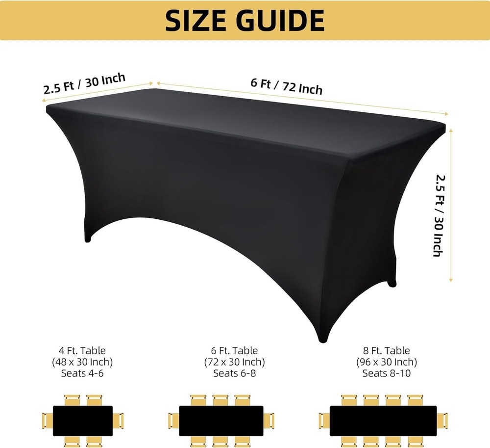 2-Pack 6Ft Black Spandex Table Covers for Rectangle Folding Tables