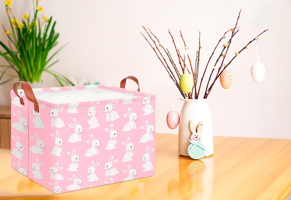CLOCOR Rectangular Pink Easter Gift Basket Empty,Waterproof Bunny