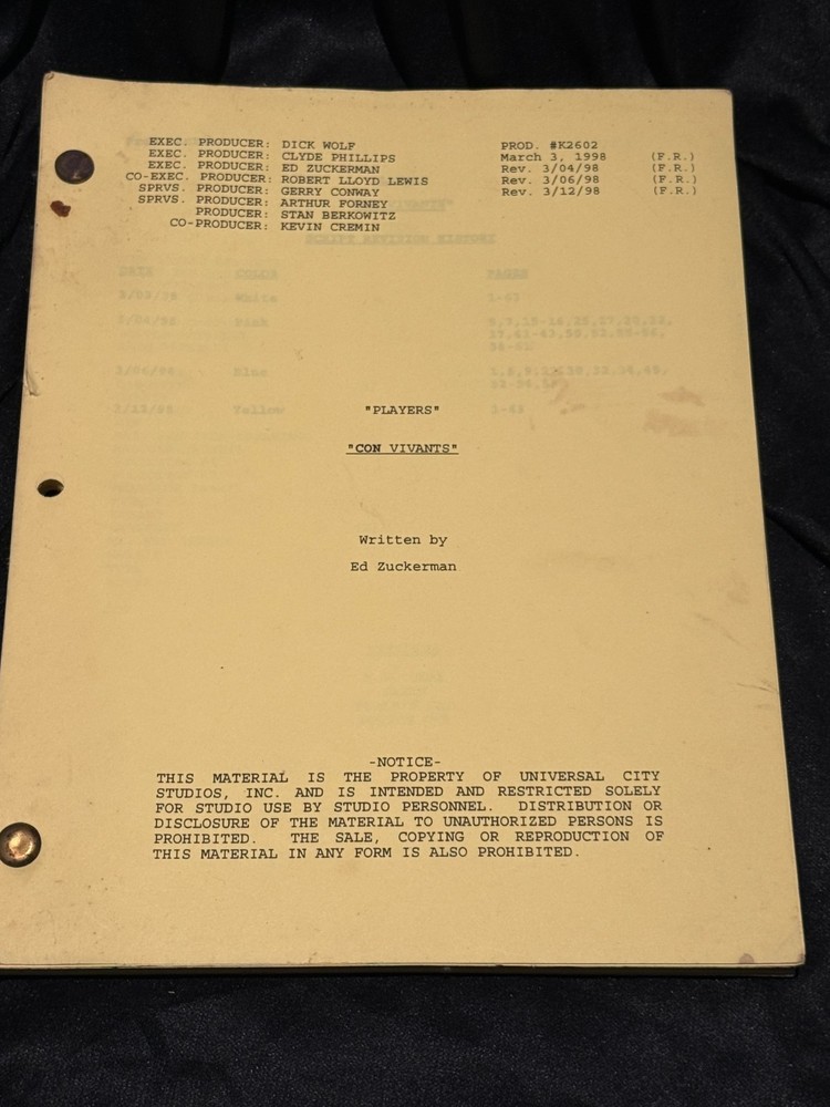 Players - "Con Vivants" Episode, original on-set script