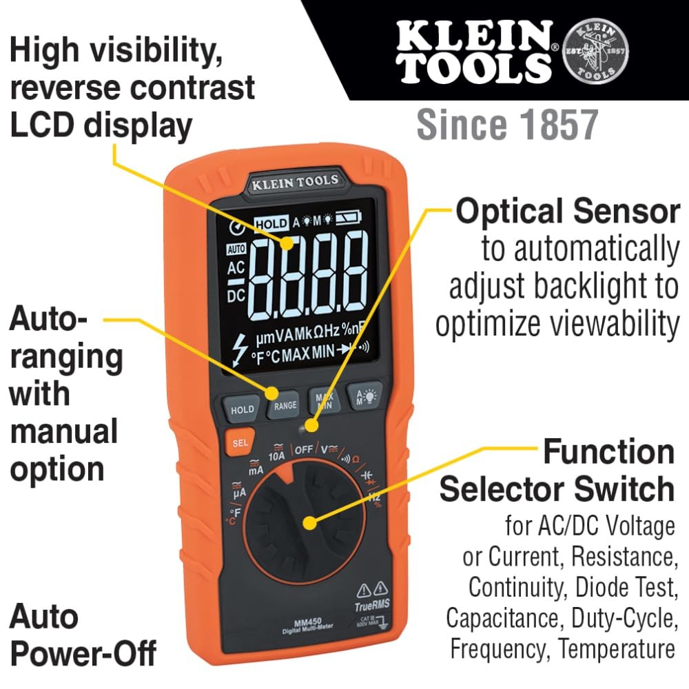 Klein Tools MM450 Slim Digital Multimeter, Reverse One Size, Orange/Black