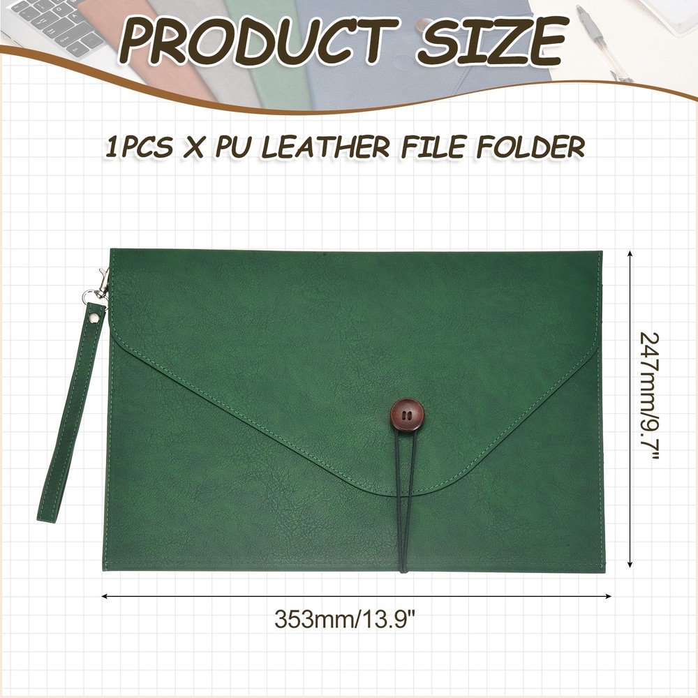 PU Leather A4 File Folder, Waterproof Envelope Holder with Handle, Green
